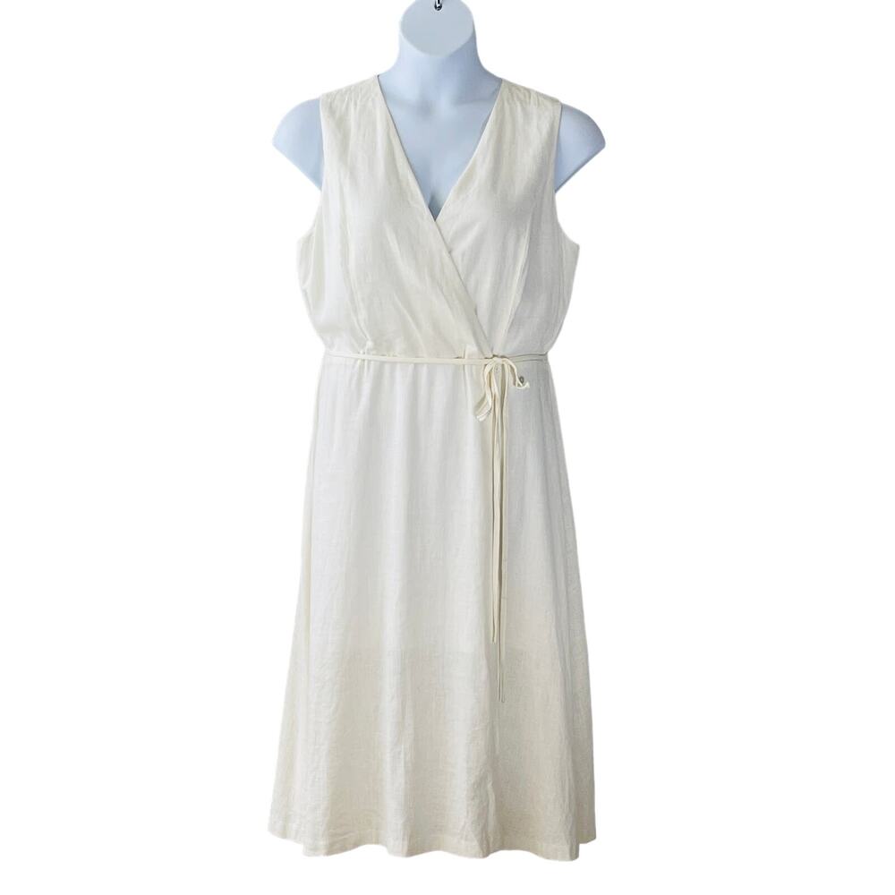 DKNY Cream Linen Blend Sleeveless Midi Dress with Self Belt Size 12